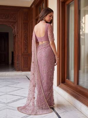 Lavender designer net beads embroidery saree with unstitched blouse 2