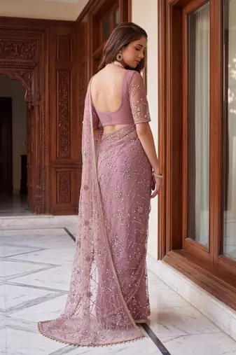 Lavender designer net beads embroidery saree with unstitched blouse
