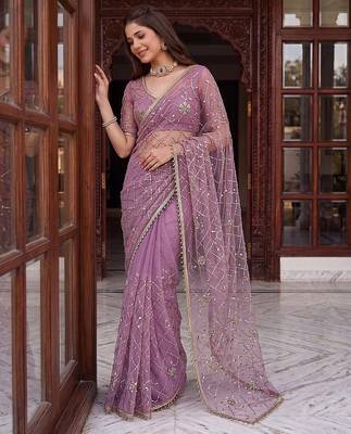 Lavender designer net beads embroidery saree with unstitched blouse 3