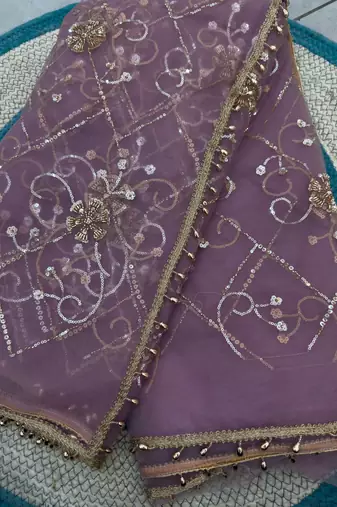 Lavender designer net beads embroidery saree with unstitched blouse