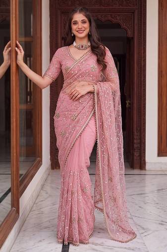 Rose designer net beads embroidery saree with unstitched blouse