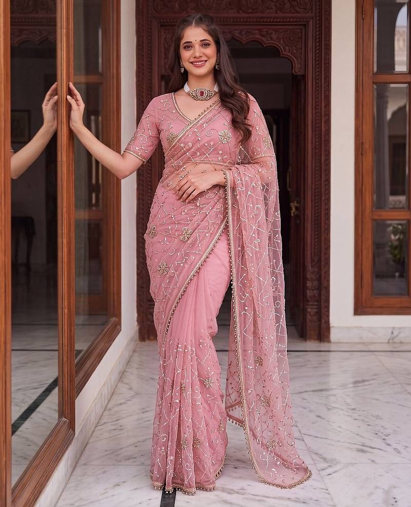 Rose designer net beads embroidery saree with unstitched blouse
