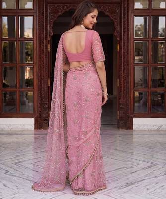 Rose designer net beads embroidery saree with unstitched blouse 2