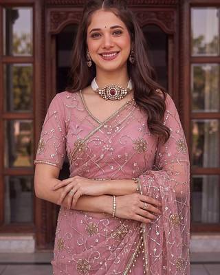 Rose designer net beads embroidery saree with unstitched blouse 3