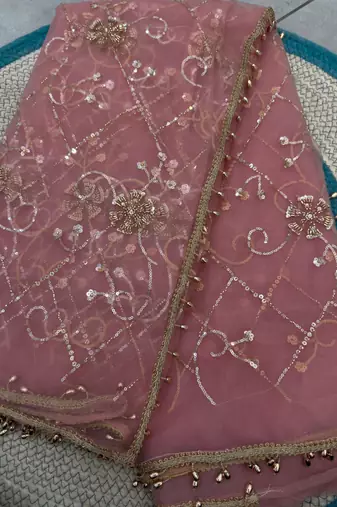 Rose designer net beads embroidery saree with unstitched blouse