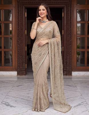 Beige designer net beads embroidery saree with unstitched blouse 1