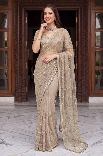 Beige designer net beads embroidery saree with unstitched blouse