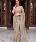 Beige designer net beads embroidery saree with unstitched blouse