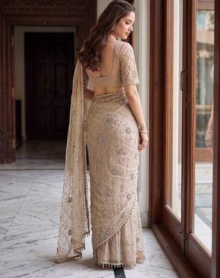 Beige designer net beads embroidery saree with unstitched blouse 2