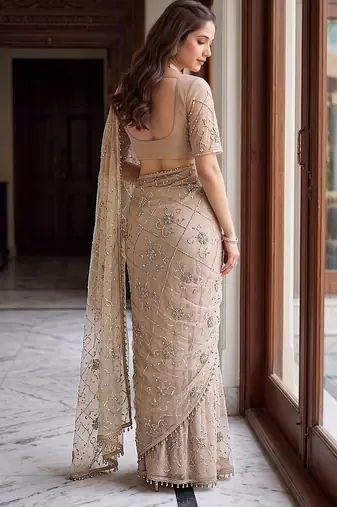 Beige designer net beads embroidery saree with unstitched blouse