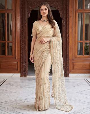 Cream designer net beads embroidery saree with unstitched blouse 1