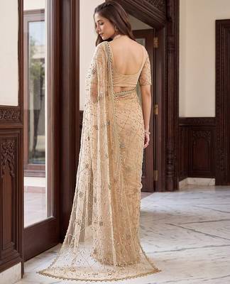 Cream designer net beads embroidery saree with unstitched blouse 2