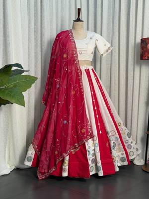 White Roman Silk blend Navratri Lehenga With Blouse And Dupatta Full Stitched Upto 42 3