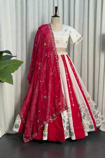 White Roman Silk blend Navratri Lehenga With Blouse And Dupatta Full Stitched Upto 42