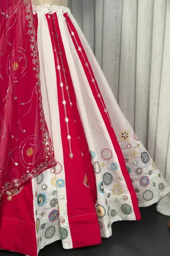 White Roman Silk blend Navratri Lehenga With Blouse And Dupatta Full Stitched Upto 42