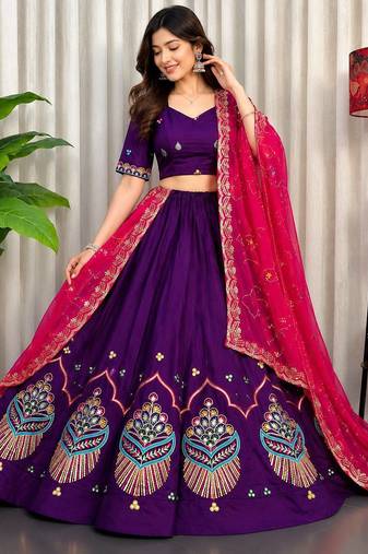 Purple Roman Silk Navratri Lehenga With Blouse And Dupatta Full Stitched free size