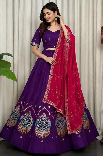 Purple Roman Silk Navratri Lehenga With Blouse And Dupatta Full Stitched free size