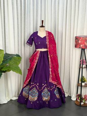 Purple Roman Silk Navratri Lehenga With Blouse And Dupatta Full Stitched free size 3