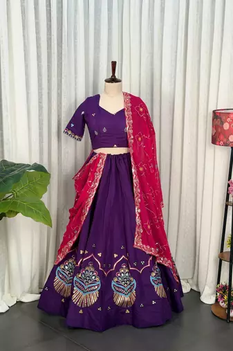 Purple Roman Silk Navratri Lehenga With Blouse And Dupatta Full Stitched free size