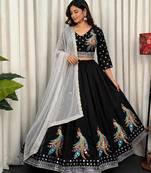 Black Roman Silk Navratri Lehenga With Blouse And Dupatta Full Stitched free size