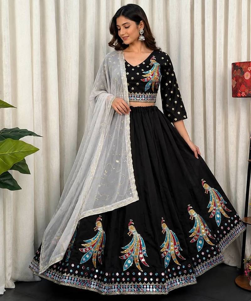 Black Roman Silk Navratri Lehenga With Blouse And Dupatta Full Stitched free size