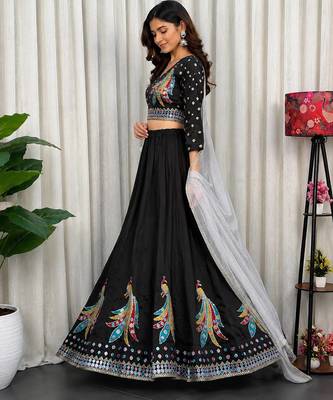Black Roman Silk Navratri Lehenga With Blouse And Dupatta Full Stitched free size 2