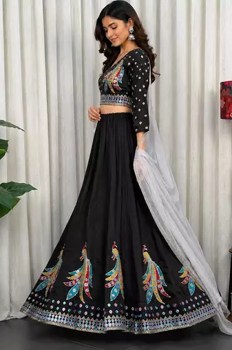 Black Roman Silk Navratri Lehenga With Blouse And Dupatta Full Stitched free size