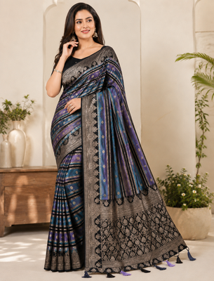 Black Color Jari Jaqurad Weaving And Light Gold Jari Jaqurad Weaving Border With Viscose Georgette Saree 1