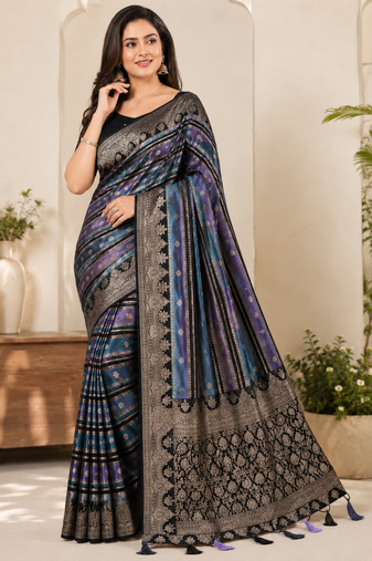 Black Jari Jaqurad Weaving And Light Gold Jari Jaqurad Weaving Border With Viscose georgettete Saree