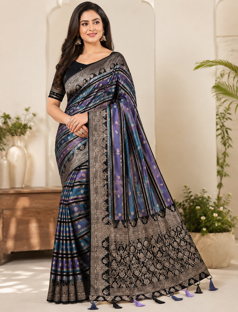 Black Color Jari Jaqurad Weaving And Light Gold Jari Jaqurad Weaving Border With Viscose Georgette Saree