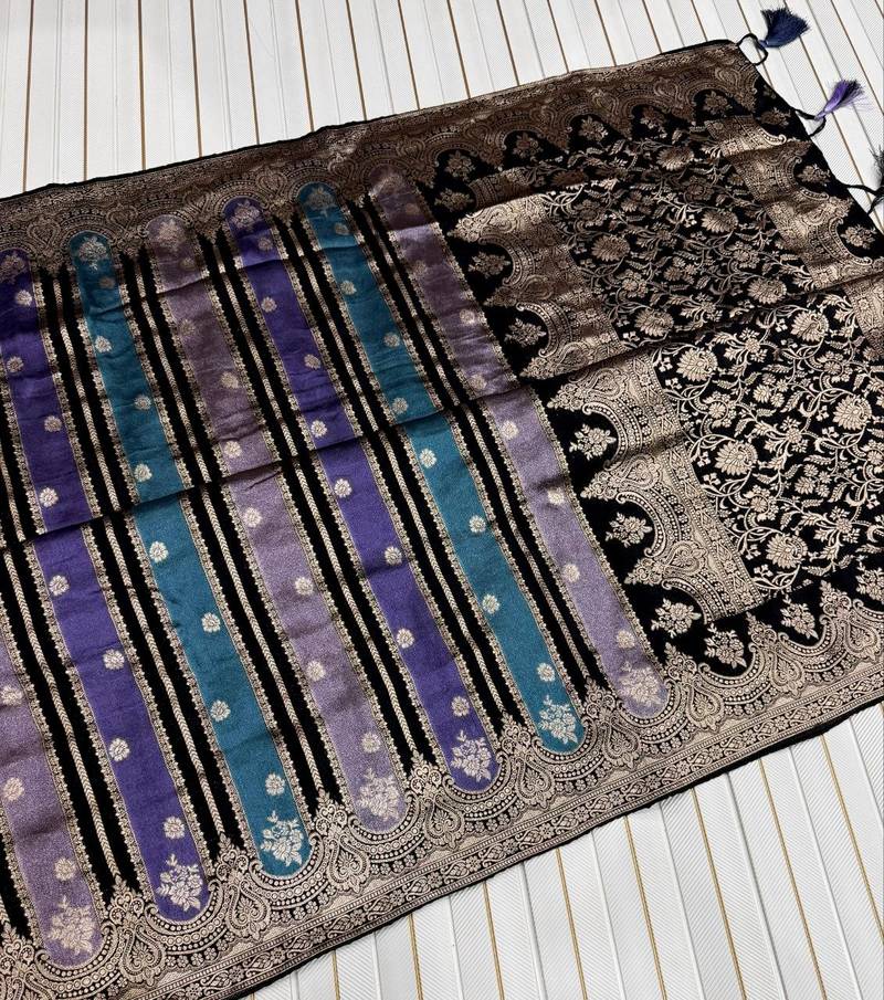 Black Color Jari Jaqurad Weaving And Light Gold Jari Jaqurad Weaving Border With Viscose Georgette Saree