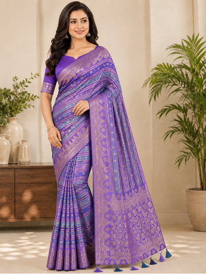 Lavender Color Jari Jaqurad Weaving And Light Gold Jari Jaqurad Weaving Border With Viscose Georgette Saree 1