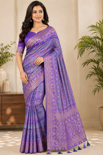 Lavender Jari Jaqurad Weaving And Light Gold Jari Jaqurad Weaving Border With Viscose georgettete Saree