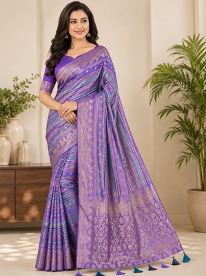 Lavender Color Jari Jaqurad Weaving And Light Gold Jari Jaqurad Weaving Border With Viscose Georgette Saree 2