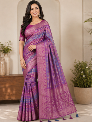 Magenta Color Jari Jaqurad Weaving And Light Gold Jari Jaqurad Weaving Border With Viscose Georgette Saree 1