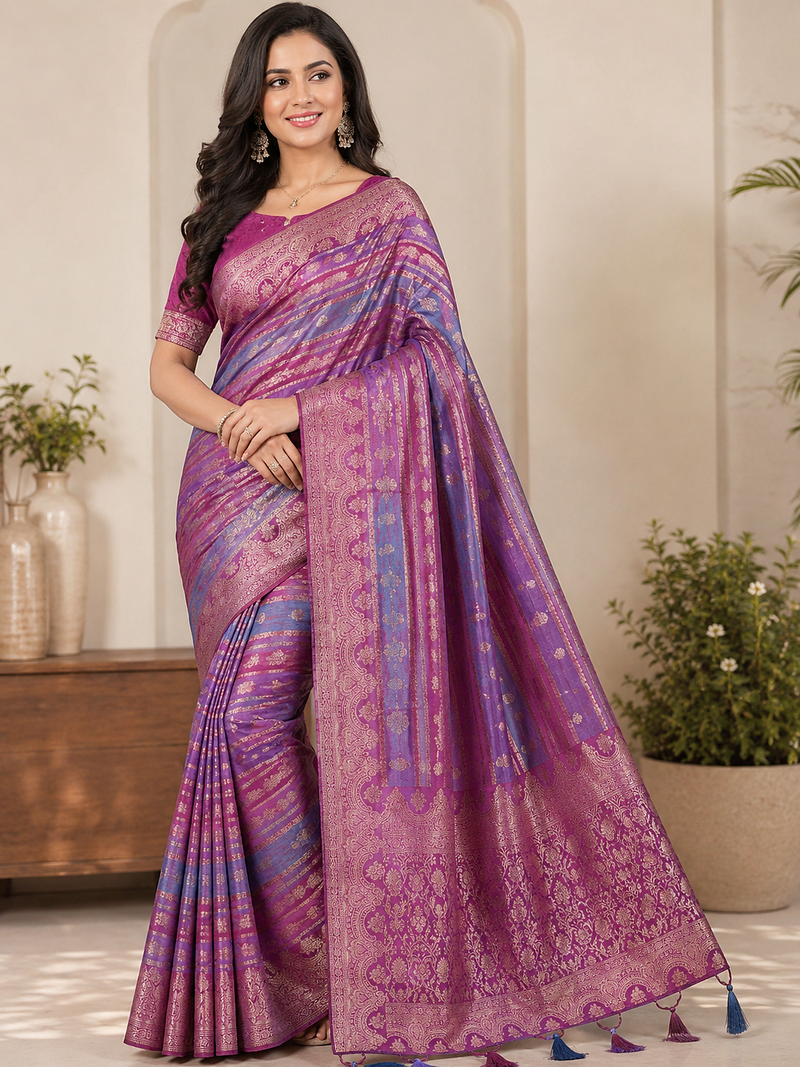 Magenta Color Jari Jaqurad Weaving And Light Gold Jari Jaqurad Weaving Border With Viscose Georgette Saree
