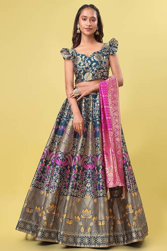 Teal Blue Colour Jacquard Fabric Weaving Lehenga Choli