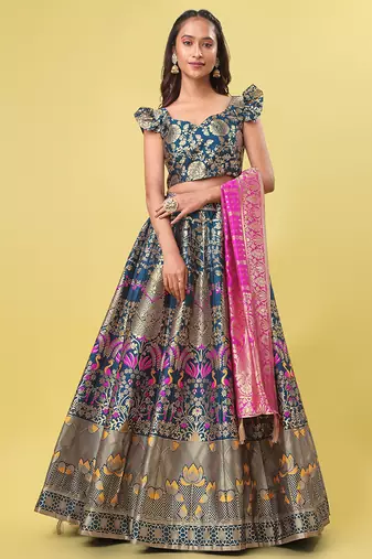 Teal Blue Colour Jacquard Fabric Weaving Lehenga Choli