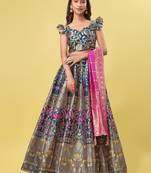 Teal Blue Colour Jacquard Fabric Weaving Lehenga Choli