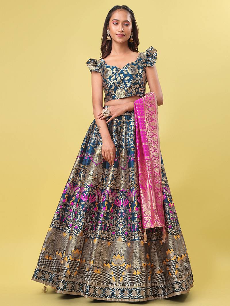Teal Blue Colour Jacquard Fabric Weaving Lehenga Choli