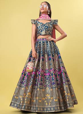 Teal Blue Colour Jacquard Fabric Weaving Lehenga Choli 2