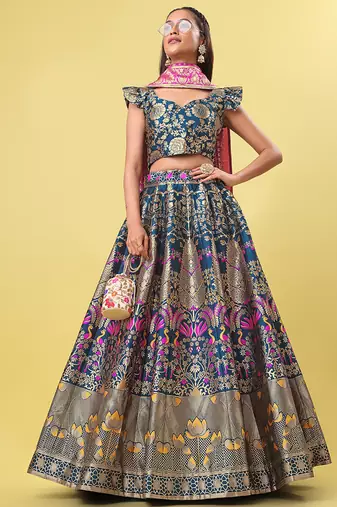 Teal Blue Colour Jacquard Fabric Weaving Lehenga Choli
