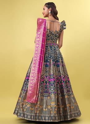 Teal Blue Colour Jacquard Fabric Weaving Lehenga Choli 3