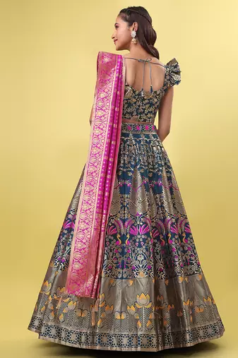 Teal Blue Colour Jacquard Fabric Weaving Lehenga Choli
