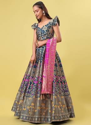 Teal Blue Colour Jacquard Fabric Weaving Lehenga Choli 4
