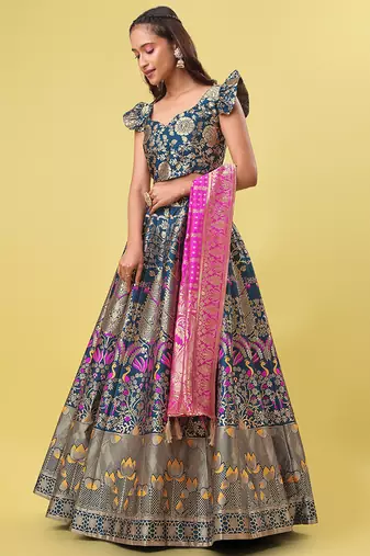 Teal Blue Colour Jacquard Fabric Weaving Lehenga Choli