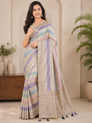 Off White Color Jari Jaqurad Weaving And Light Gold Jari Jaqurad Weaving Border With Viscose Georgette Saree 1