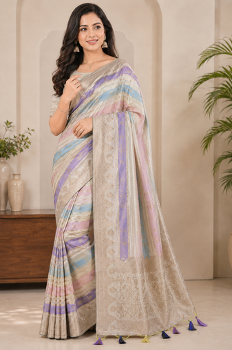 Off White Color Jari Jaqurad Weaving And Light Gold Jari Jaqurad Weaving Border With Viscose georgettete Saree