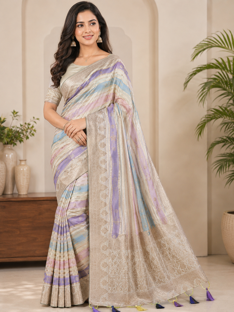Off White Color Jari Jaqurad Weaving And Light Gold Jari Jaqurad Weaving Border With Viscose Georgette Saree