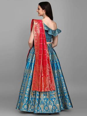 Turquoise Jacquard Woven Mehendi Lehenga Choli 2